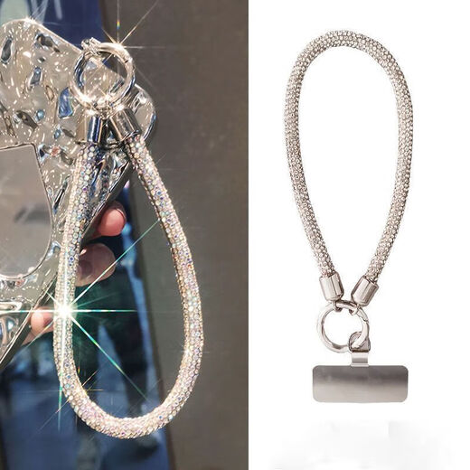 Mobile phone lanyard hanging chain clip short pendant high-end luxury thick rhinestones strong universal fashion wrist lanyard Champagne gold and white diamonds full of diamonds + stainless steel card-wrist style