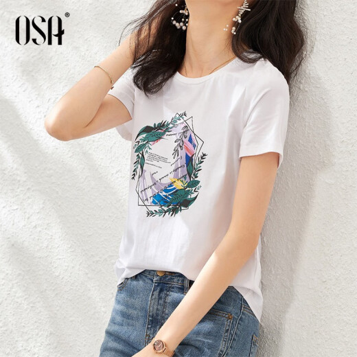 OSA Osha white letter short-sleeved T-shirt for women summer 2020 new fashion round neck T-shirt top cotton temperament white L