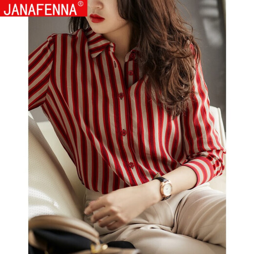 JannaFenna chiffon shirt women's long-sleeved 2020 early autumn new red and white striped shirt Korean style fashion loose slimming simple versatile top trendy red striped L