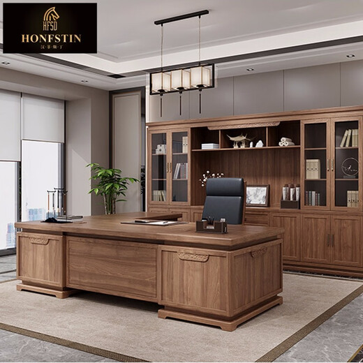 HONFSTIN solid wood desk boss desk and chair combination new Chinese style executive desk president desk simple modern office furniture 2 meter desk + side cabinet