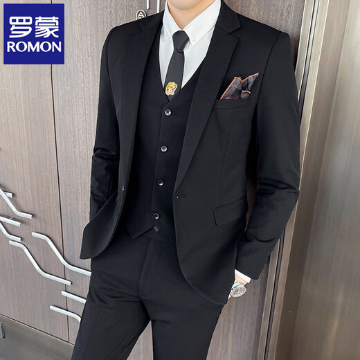 Luo Meng high-end suit suit men's business casual slim Korean style three-piece suit young and middle-aged groom wedding dress black single suit free tie L (105-120 Jin Jin equals 0.5 kg to wear)