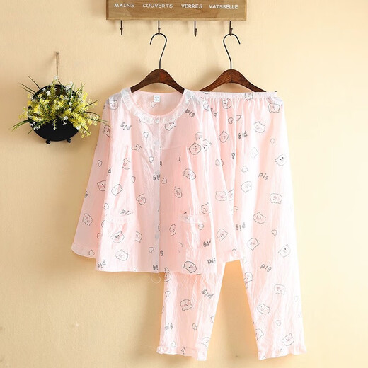 Japonés lindo pijamas de tela para mujeres en primavera y verano delgada manga larga caricatura de algodón artificial tejido de ropa para el hogar