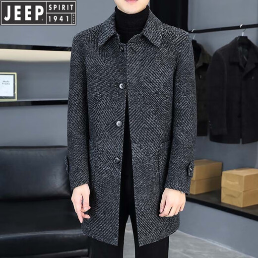 Jeep (JEEP) spring and autumn twill lapel double-sided tweed coat for men Korean style slim mid-length trench coat trendy main picture model [high quality] 2XL recommendation [150-170]