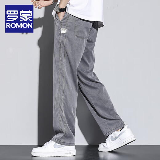 罗蒙（ROMON）夏季天丝休闲裤男直筒宽松拖地裤男潮牌阔腿裤薄款百搭长裤子男 1048灰色 XL 180(身高175\体重140-160)