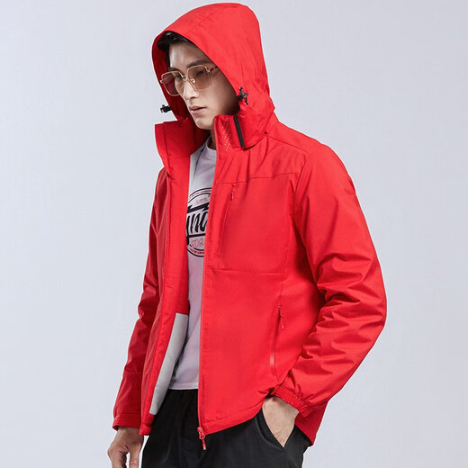 BRELRMON加绒外套风衣男女冲锋衣单层秋冬防风保暖软壳工装韩版户外夹克 9930A中国红-男【纯色】 M