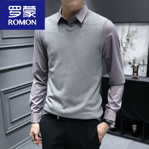 罗蒙（ROMON）时尚都男士针织背心马甲秋冬款无袖毛衣修身坎肩打底衫v领线衣 SXZFS-14126卡其色 XL