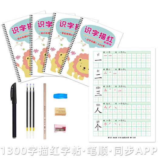 洪恩识字描红本字练字贴笔顺自制打印启蒙常用幼小衔接认字 全套1300字 260张 分4本圈装