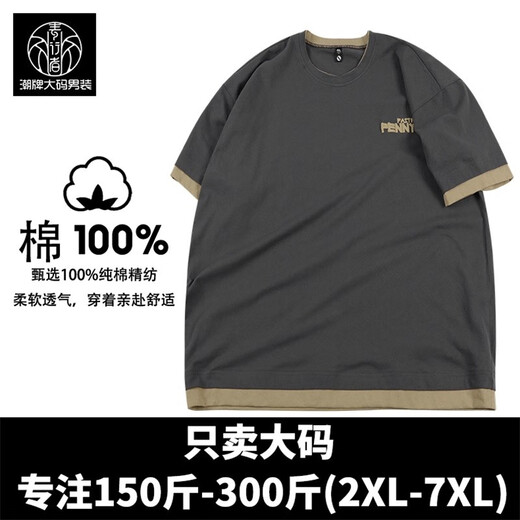 Su Xingzhe's hochwertiger Sommer-großer trendiger Marke Fat T-Shirts für Männer sowie Fett-Plus-Größe Herren-T-Shirts für Männer, kurzärmelige Kleidung für Männer, T1506 dunkelgrau gestickte Buchstaben 7xl (275-300jin [Jin gleich 0,5 kg]))