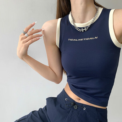 槿城复古紧身工字背心女撞色无袖修身甜酷辣妹短款运动打底上衣6604 米白色 均码