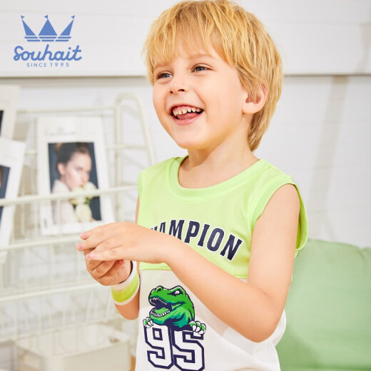 Spring Clothes Warehouse] Waterboy Children's Clothing Boys' Round Neck Contrast Color Vest Sleeveless T-Shirt Moisture-Absorbing and Breathable Summer New Single T-shirt Children's Sports T Spring and Autumn Bud Green 120