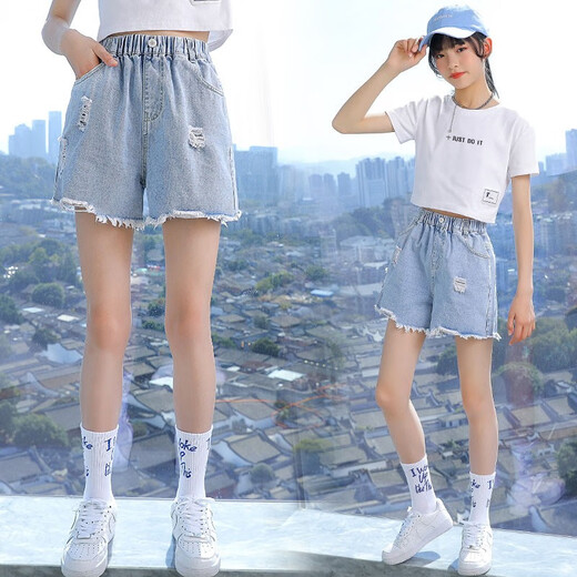 Schwein Pitt (Schwein/Peter) Mädchen Shorts Sommer Dünner Mädchen Sommeranzug 2025 neue Kinderhosen Sommermädchen große Kinder gerissene Jeans 1428 Blau + 1429 Weiß 160 cm