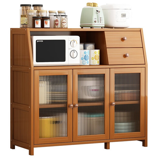Sizhuge kitchen shelf Nordic sideboard microwave oven household living room cabinet household solid wood multi-function storage cabinet wine cabinet double door model - brown
