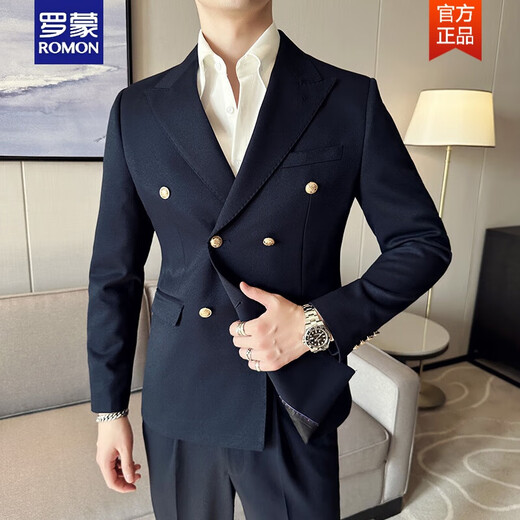 ROMON Blazer British double-breasted business suit men's Korean version slim solid color casual metal buckle suit white suit + trousers + black shirt navy collar M