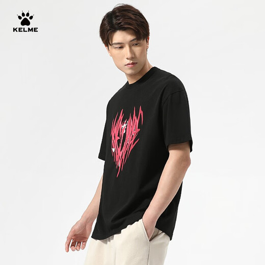 卡尔美（KELME） 圆领T恤男宽松夏季新款纯棉短袖休闲足球潮流文化衫 9224TX1056 黑色 M
