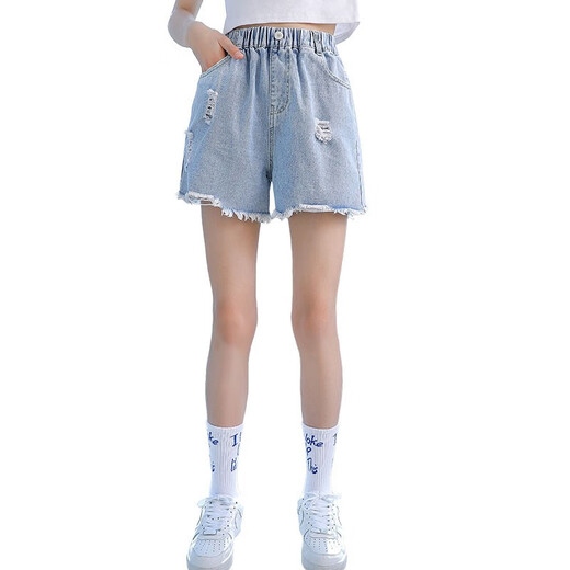 Schwein Pitt (Schwein/Peter) Mädchen Shorts Sommer Dünner Mädchen Sommeranzug 2025 neue Kinderhosen Sommermädchen große Kinder gerissene Jeans 1428 Blau + 1429 Weiß 160 cm