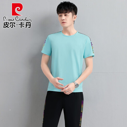 Pierre Cardin Paar trägt 2023 Sommer-Kurzarm-T-Shirt, Internet-Promi-Baumwolle, halbärmeliges Set, lässiger Sportanzug, Sommer-Sportbekleidung für Herren, 12109, hellblauer Herren-Stil, Eisseide, M