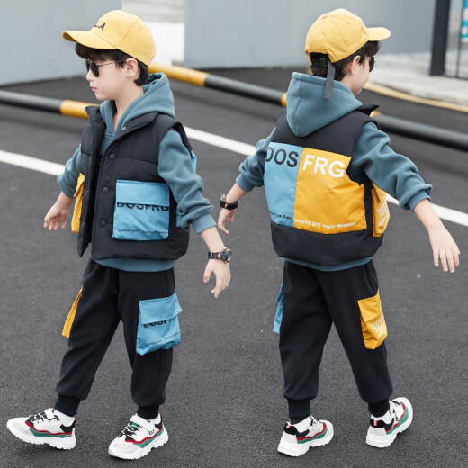 Nojia Weiqi Boys' Suit Autumn and Winter New Medium and Large Children's Velvet Thickened Vest Sweater Pants Boys' Style Three-piece Suit Blue 160 Size Recommended Height 150cm