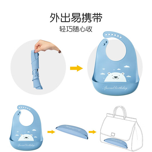 英氏（YEEHOO）宝宝吃饭围兜婴儿硅胶围嘴儿童用3D喂食饭兜防水 蔚蓝白熊