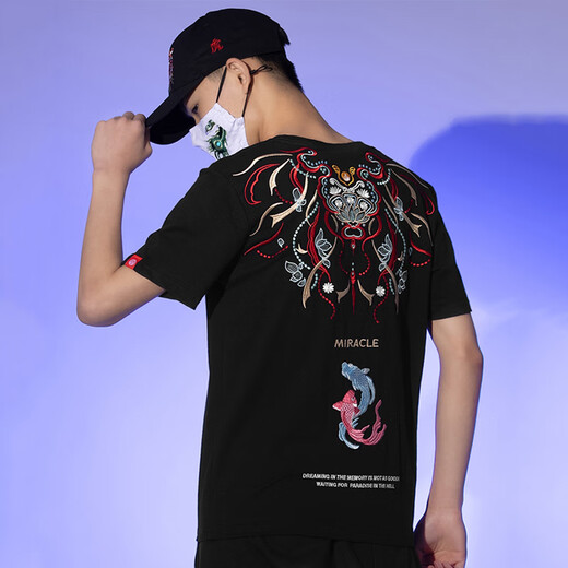 Denon Supreme kurzärmelige T-Shirt für Männer und Frauen Modemarke Sommer chinesischer Stil Phoenix Sticked Lose Kurzärmer T-Shirt T681 Schwarzer XL-Code (Empfohlen 135-155jin [Jin gleich 0,5 kg]))
