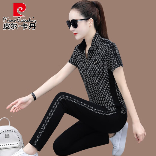 皮尔卡丹冰丝运动卫衣套装女夏季薄款2022新款时尚宽松立领短袖长裤休闲两 6625深灰色两件 M (适合80-92斤//+)