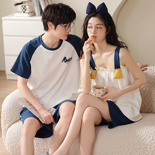 
Light and quiet pure cotton couple pajamas for women in summer suspender shorts suit casual simple men short sleeves can be worn outside home clothes summer QH9906 L women