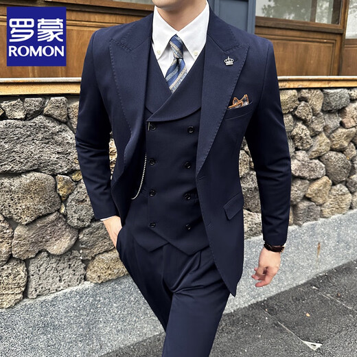 ROMON Italian groom suit men's wedding formal dress Korean style slim lapel business casual suit jacket 9002 navy blue (suit + vest + pants) XL