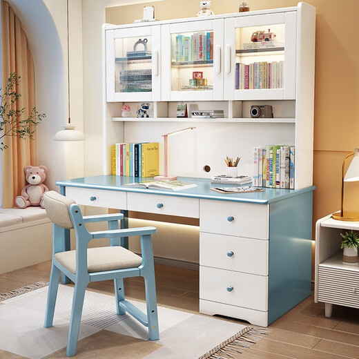 Bamboo sound desk solid wood computer desk bookshelf bookcase integrated combination study table and chair bedroom student writing desk home solid wood color single table 140x60x186cm