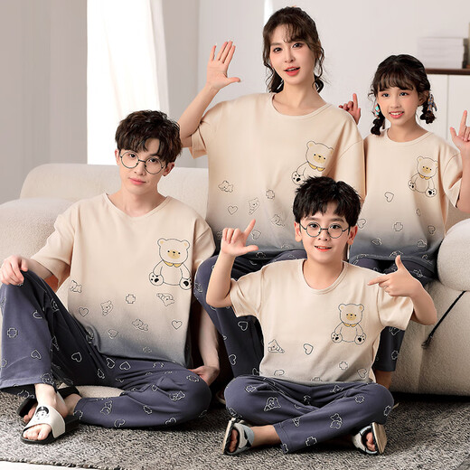 曼妮朵春秋儿童睡衣卡通纯棉短袖长裤亲子装一家三四口中大童家居服套装 F724【短长】 L码建议160-165cm