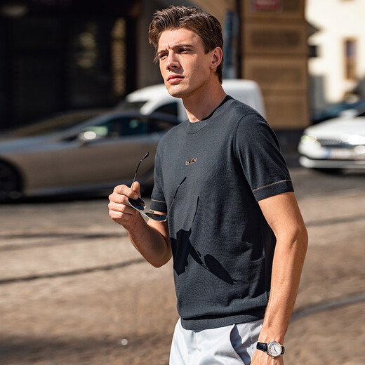 Mr. Bu Round Neck Kurzärärmelte Wolle T-Shirt Frühling und Herbst Neues Brief Logo für die innere Verschleiß von Männern BT12188 Mineral Grey M (170)