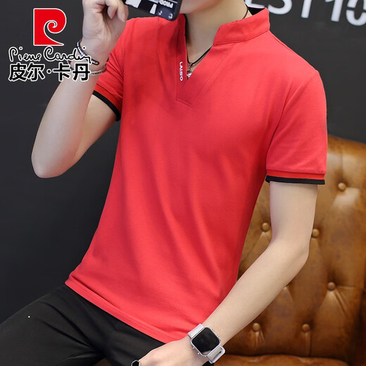 皮尔卡丹（pierre cardin）男士短袖t恤纯棉潮流立领百搭夏季新款薄款时尚修身半袖衣服 378黑色 L