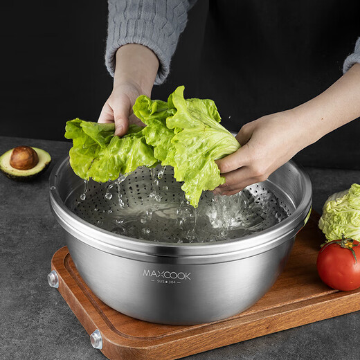 MAXCOOK 304 stainless steel basin sieve 2-piece set 30cm thickened large wash basin rice sieve and flavor bucket set MCWA1167