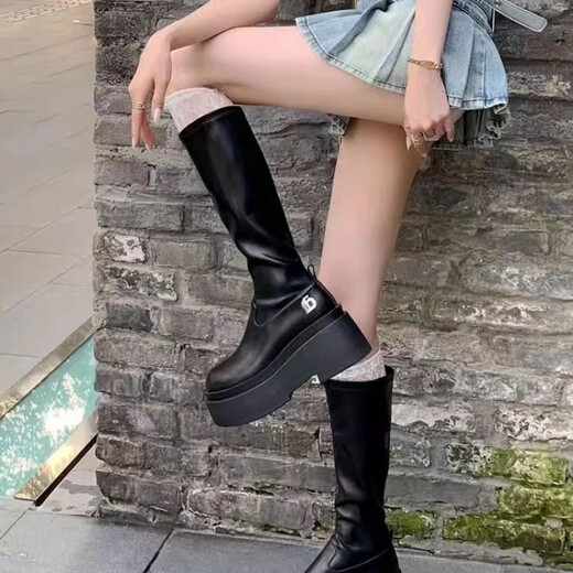 Feiyao Black Long Tube Martin Boots Женские весенние и осенние рыцарские кожаные ботинки высокие каблуки Толстая подошва средняя труба Британский ветровой мотоцикл 36 Эластичные скидные ботинки высота 7 см 7 см.