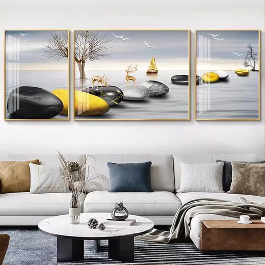 
XMSJ custom-made suitable for light luxury living room decoration painting sofa background wall mural painting Fulu landscape triptych painting atmospheric hj-3886-Financial Rebundle Suitable for 2-2.5 meters sofa 40*60E on both sides