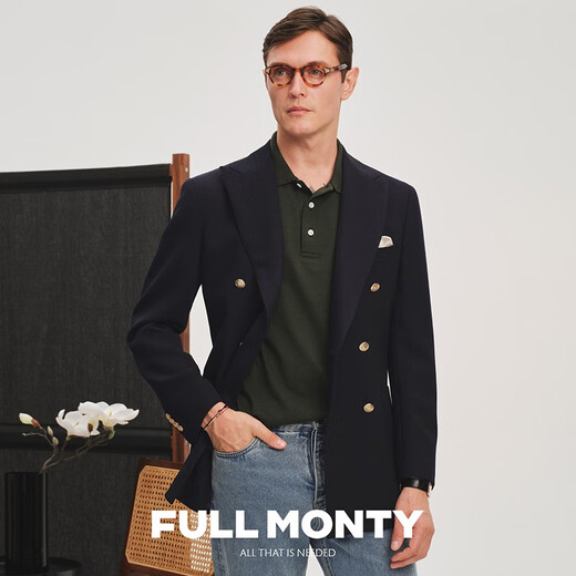 FULL MONTY海军蓝布雷泽休闲西装外套男士纯羊毛西服轻商务单西 双排金扣6691 46