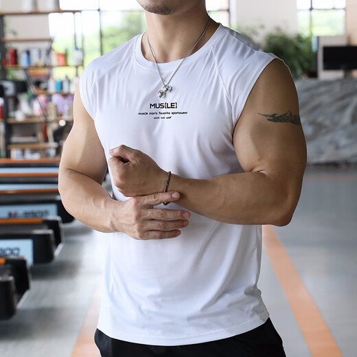 撸铁狼健身背心男士运动速干衣无袖宽松轻薄款透气弹力跑步篮球训练坎肩 白色简约英文 XL