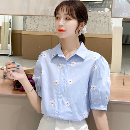 Chang Yidie shirt women's chiffon short-sleeved 2023 spring and summer new style puff sleeves small fresh bottoming cardigan top women's blue L