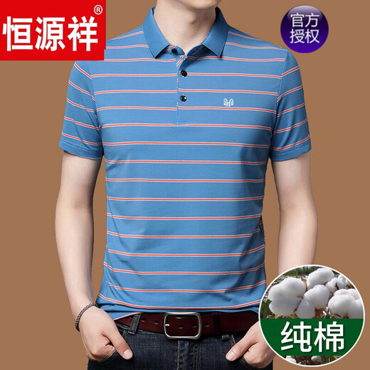 恒源祥高档短袖T恤男夏季中年爸爸装大码商务休闲纯棉条纹翻领保罗衫男 HFX693蓝色 L 170【120-140斤】