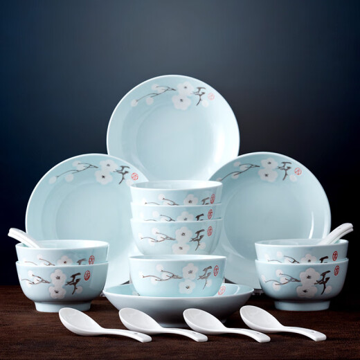 Jiabai 20-head plate bowl spoon tableware set tall anti-scald rice bowl deep plate soup plate rice plate household ceramic snow fragrance series