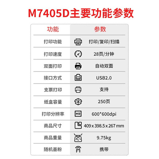 联想a4黑白激光打印机家用商用办公打印复印扫描多功能一体机 M7405D 自动双面/USB数据线连接) 标配:新机+原装粉盒 套餐可加粉