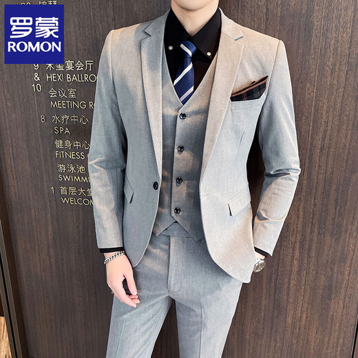 Luo Meng high-end suit suit men's business casual slim Korean style three-piece suit young and middle-aged groom wedding dress black single suit free tie L (105-120 Jin Jin equals 0.5 kg to wear)