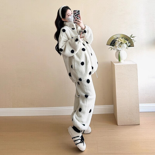 Prefang maternity wear winter wear 2025 new velvet thickened coral velvet warm maternity pajamas set home wear autumn and winter style polka dot suit plus velvet thickened L