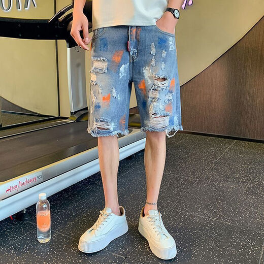 Fan Benna Jeans Shorts Hombres Pantalones cortos de mezclilla de mezclilla desgarrada Men Summer Fina Marca de moda Handsome Beggar rayó a cinco T693 azul de alta calidad 28 recomendado 90-100Jin [Jin equivale a 0.5 kg]