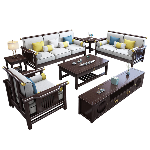 
No. 1 Haoting solid wood sofa living room, new Chinese furniture small apartment single and double three-person combination 2025 new model 9901# independent three-person seat [frame] cotton linen cover