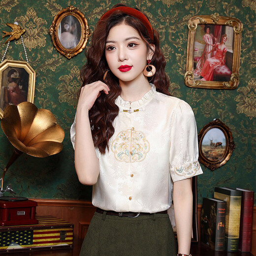 
Red Dragonfly New Chinese Women's Chinese Style Embroidered Shirt Early Spring New Top High-end Horse-Missing Skirt Shirt 825# Apricot Short Sleeve XL
