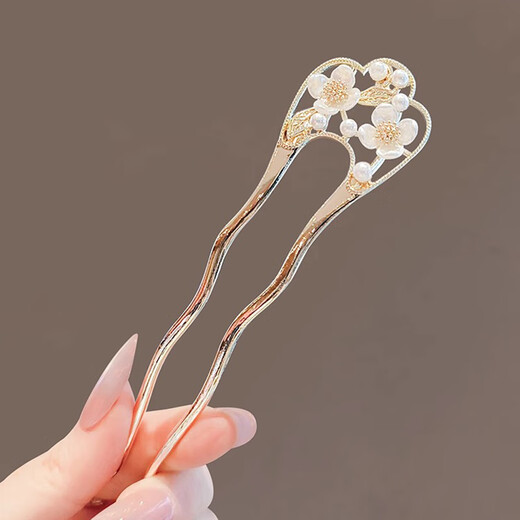 Two Worlds Elegant Artificial Pearl Flower Hairpin for Women Modern Simple Hairpin Double Plug Hairpin U-shaped Hairpin Comb Gold