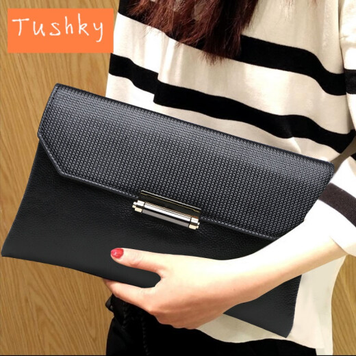 Tushky light luxury brand handbag women's handbag women's soft leather first layer cowhide clutch bag fashion trend genuine leather large capacity envelope bag black