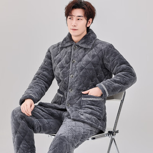 
Xuanduoqi pajamas men's three-layer thickened coral velvet cotton flannel warm home clothing set autumn and winter style C9903# black gray men [milk velvet] XL (125-145Jin [Jin equals 0.5 kg]) three-layer thickened