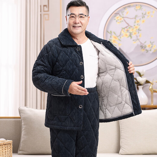 随阅男士睡衣秋冬季三层加厚加绒珊瑚绒夹棉保暖中老年家居服爸爸套装 N9926F蓝 牛奶绒 升级加厚 L码(90-120斤）
