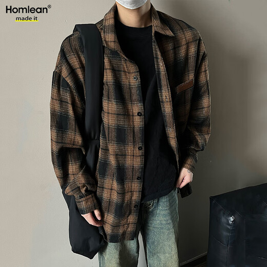 Homlean American retro plaid shirt men's spring and summer Hong Kong style loose casual long-sleeved shirt jacket HL09 coffee plaid 2XL