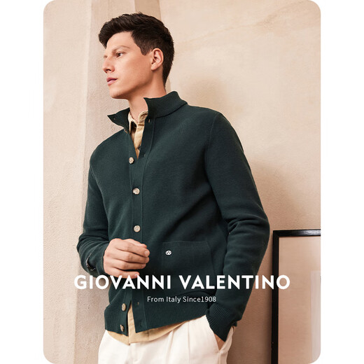 卓凡尼·华伦天奴（GIOVANNI VALENTINO）春秋季高端男士针织衫圆领长袖线衫商务休闲毛线衣开衫 深绿 M